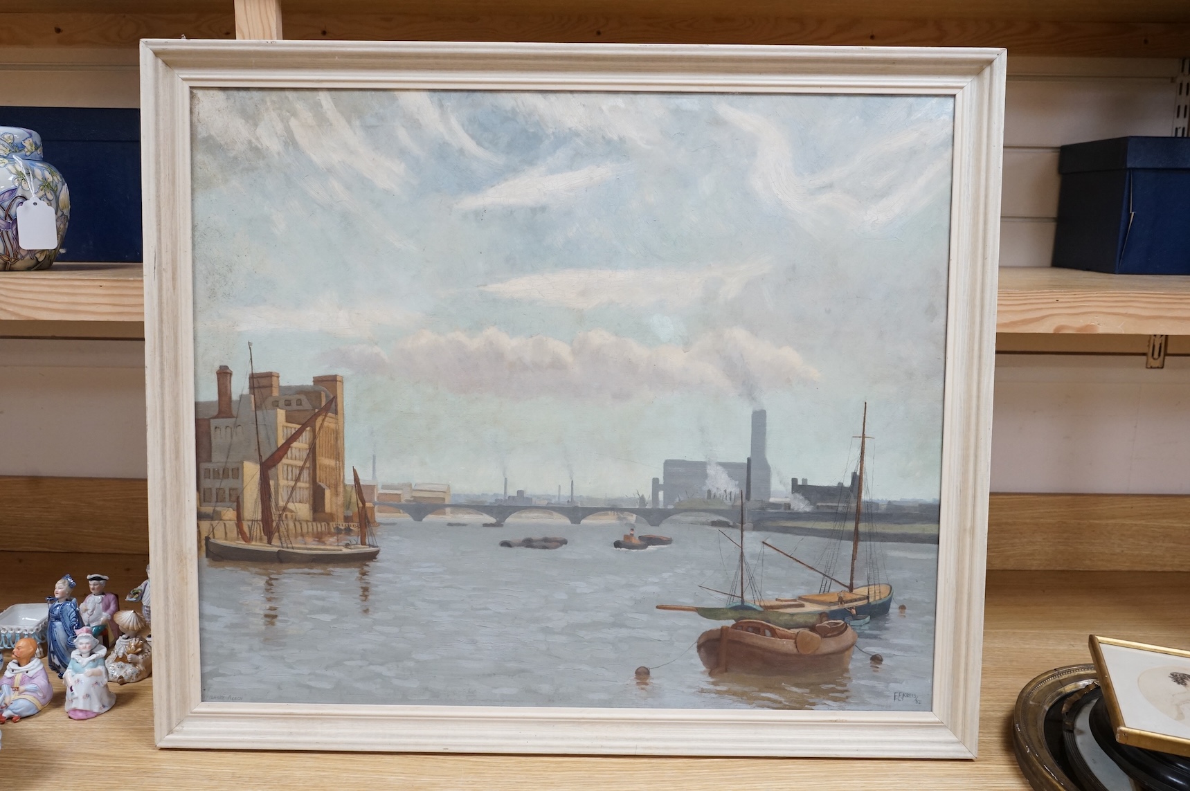 F E. Kreis, mid century, Industrial riverscape, signed and dated '52, oil on canvas, 61 x 74cm